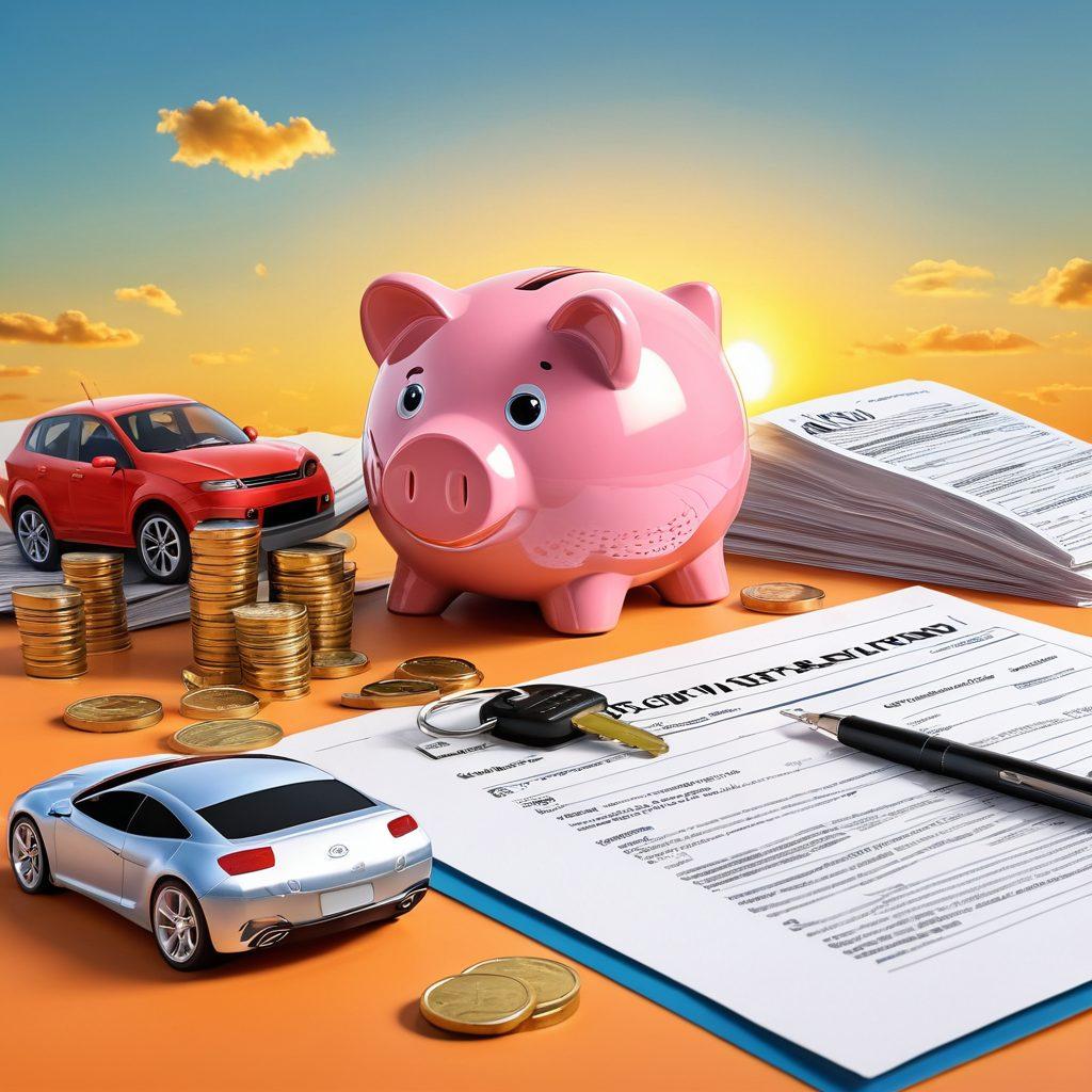 A creative illustration of a car key unlocking a giant piggy bank, surrounded by coins and auto insurance paperwork. In the background, visualize different cars symbolizing various insurance deals. Add a bright sun and a cheerful sky to convey a sense of optimism and savings. cartoon style. vibrant colors.