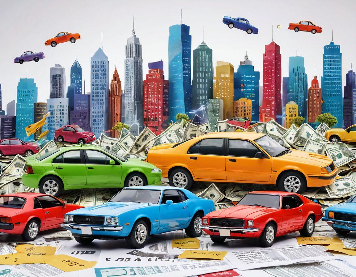 A visually appealing composition showcasing a diverse range of cars with price tags highlighting savings. Include a calculator and a happy family reviewing their car insurance options. The background should be a vibrant cityscape symbolizing financial growth. Use thought bubbles featuring percentage discounts and dollar signs for emphasis. super-realistic. vibrant colors. white background.