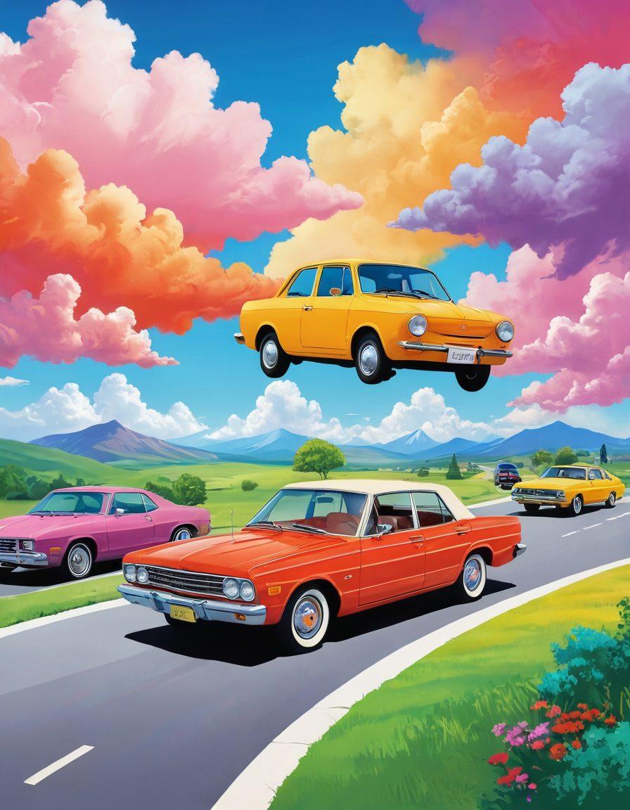 An imaginative scene depicting a diverse group of drivers joyfully navigating through a colorful landscape filled with cars of various models and styles. The sky features whimsical clouds shaped like policy documents, representing car insurance deals. In the foreground, a friendly agent offers guidance to a family, with a roadmap in hand, symbolizing the journey to finding the right insurance. Bright colors and vibrant energy to evoke a sense of happiness and security. digital illustration. vibrant colors. cartoon style.